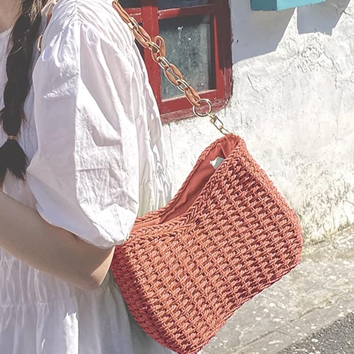 Bow Straw Clutch with Chain Beach Pouch Orange