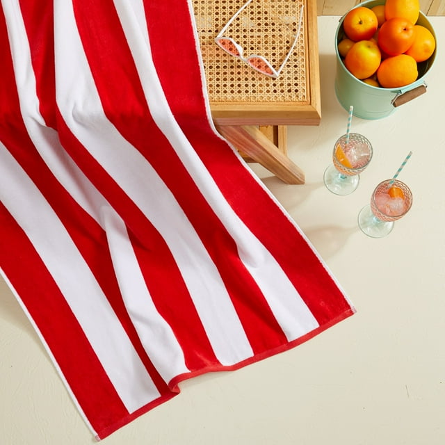 Printed Velour Beach Towel Cabana Stripe Red